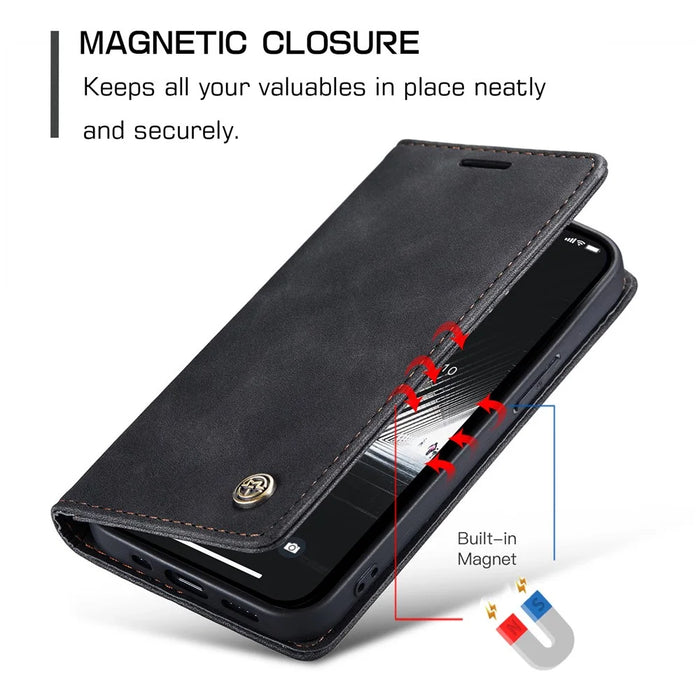 CASEME 013 Series For iPhone 15 Plus PU Leather Anti-drop Phone Case Folding Stand Wallet Cover - Black - 6