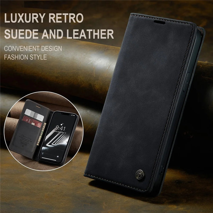 CASEME 013 Series For iPhone 15 Plus PU Leather Anti-drop Phone Case Folding Stand Wallet Cover - Black - 7