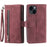 For iPhone 15 Plus Wallet Stand Cover Zipper Pocket 9 Card Slots Phone Shell PU Leather Case - Wine Red - 1