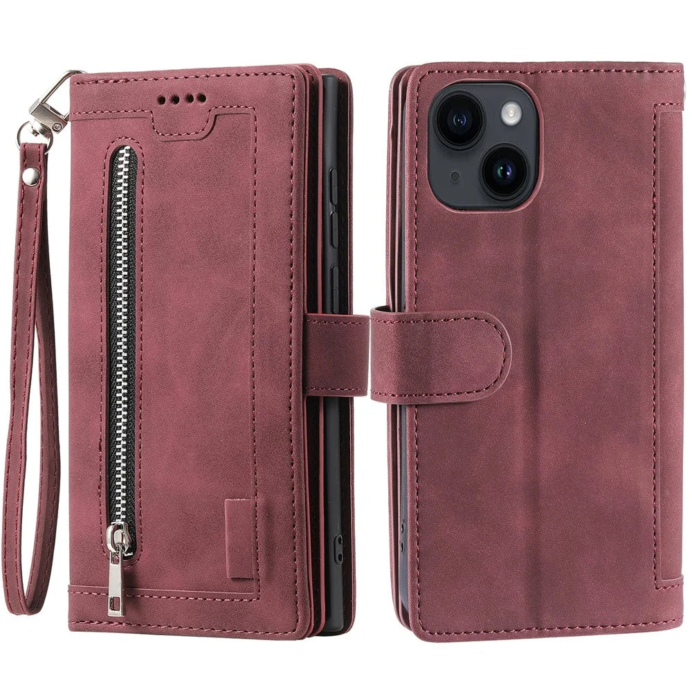 For iPhone 15 PU Leather Wallet Stand Cover Case Zipper Pocket 9 Card Slots Phone Shell - Wine Red - 1