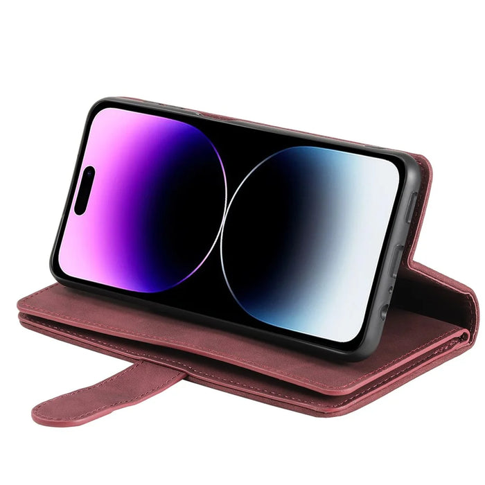 For iPhone 15 PU Leather Wallet Stand Cover Case Zipper Pocket 9 Card Slots Phone Shell - Wine Red - 4