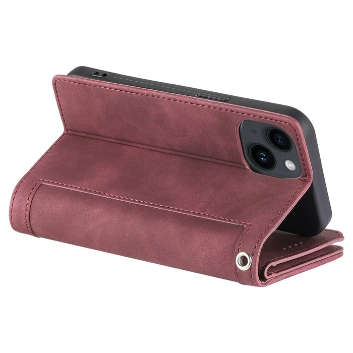 For iPhone 15 PU Leather Wallet Stand Cover Case Zipper Pocket 9 Card Slots Phone Shell - Wine Red - 5