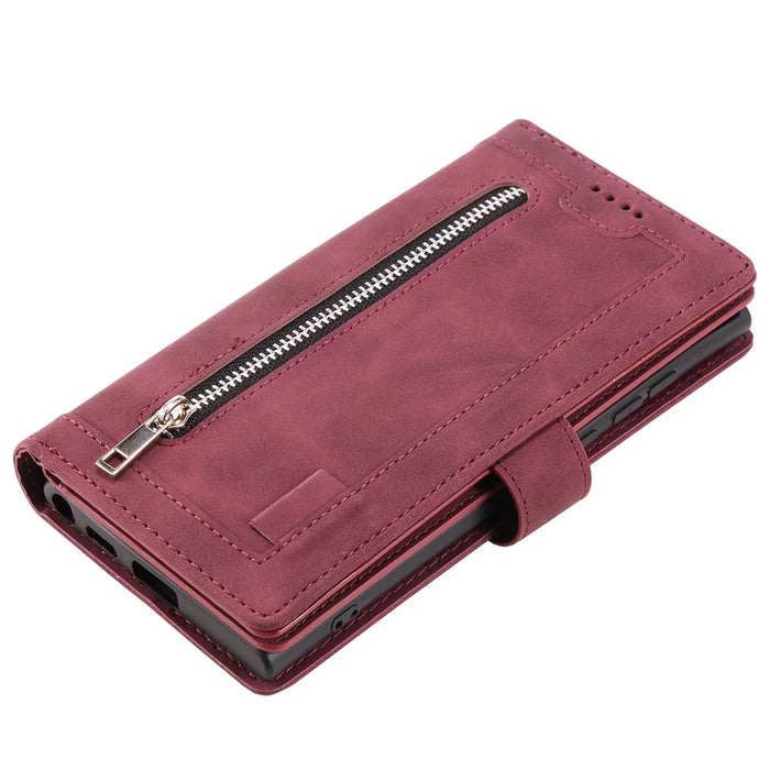 For iPhone 15 PU Leather Wallet Stand Cover Case Zipper Pocket 9 Card Slots Phone Shell - Wine Red - 6