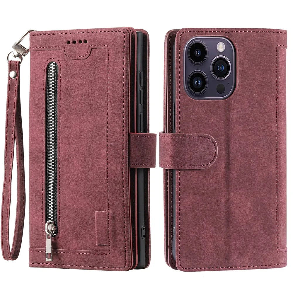For iPhone 15 Pro Phone Shell PU Leather Wallet Stand Cover Zipper Pocket 9 Card Slots Case - Wine Red - 1