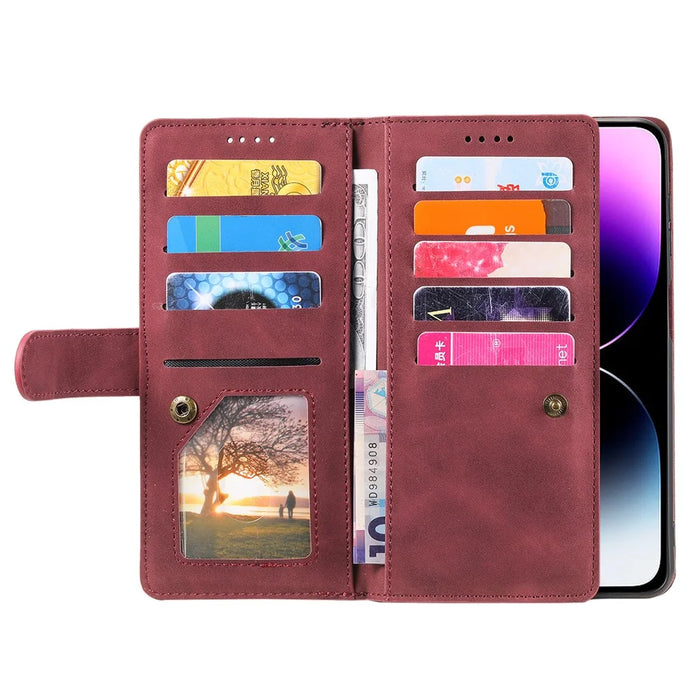 For iPhone 15 Pro Phone Shell PU Leather Wallet Stand Cover Zipper Pocket 9 Card Slots Case - Wine Red - 2