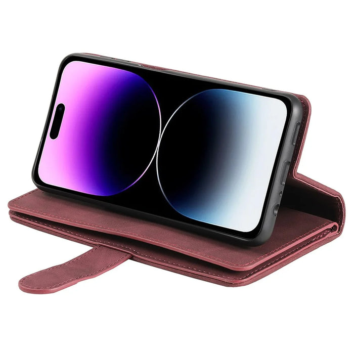 For iPhone 15 Pro Phone Shell PU Leather Wallet Stand Cover Zipper Pocket 9 Card Slots Case - Wine Red - 4