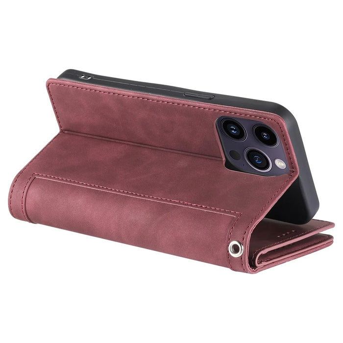 For iPhone 15 Pro Phone Shell PU Leather Wallet Stand Cover Zipper Pocket 9 Card Slots Case - Wine Red - 5