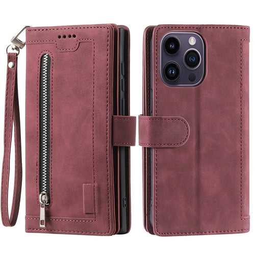 For iPhone 15 Pro Max Zipper Pocket 9 Card Slots Phone Shell PU Leather Wallet Stand Cover Case - Wine Red - 1