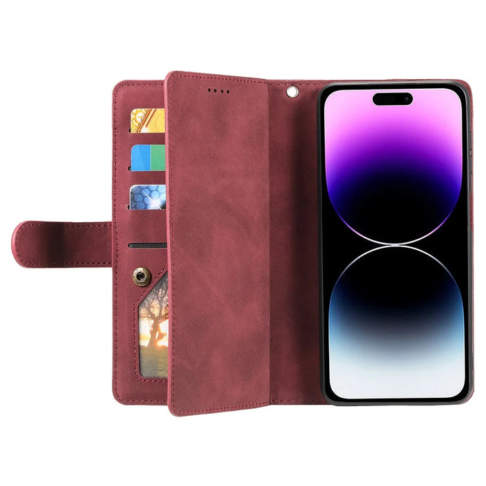 For iPhone 15 Pro Max Zipper Pocket 9 Card Slots Phone Shell PU Leather Wallet Stand Cover Case - Wine Red - 3
