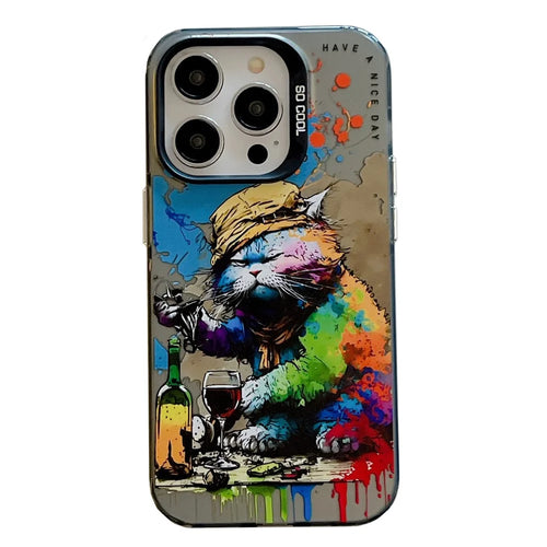 For iPhone 13 Pro Max Graffiti Animal Pattern Case PC+TPU Shock Absorbing Phone Cover - Drinking Cat - 1