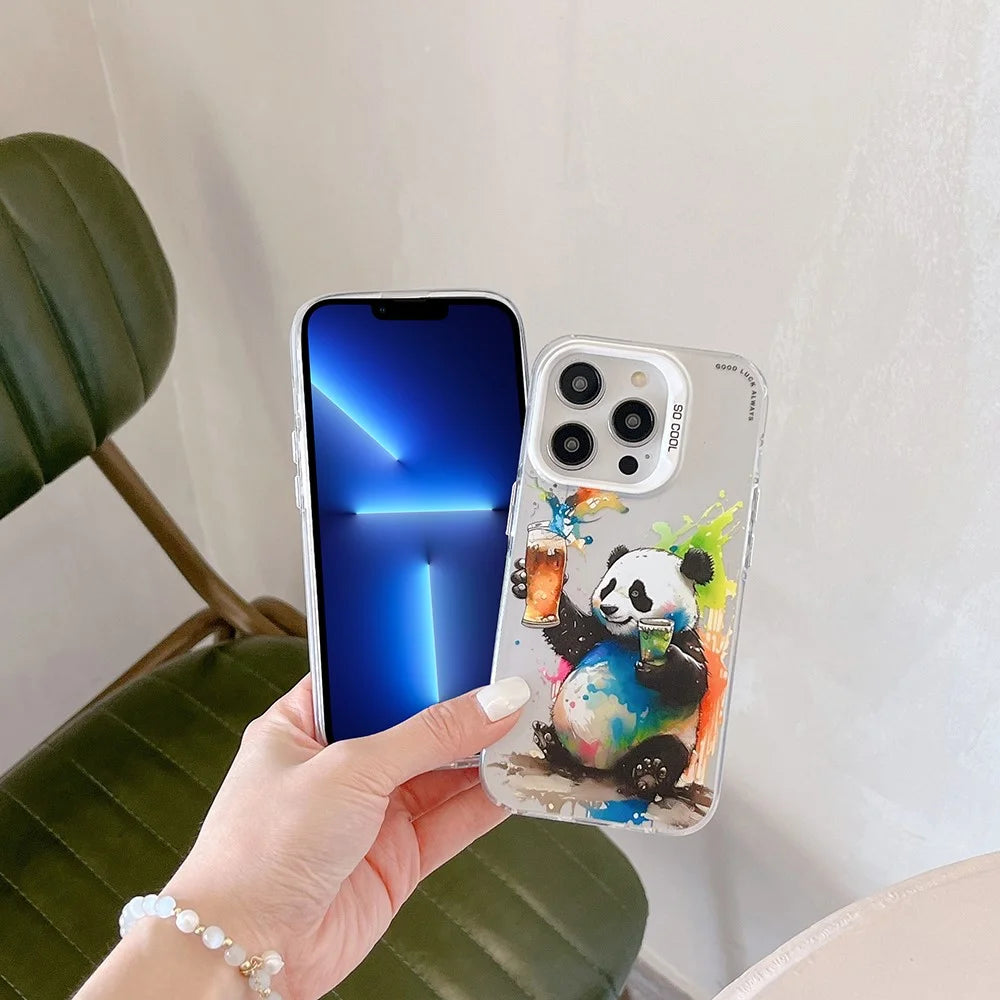 For iPhone 13 Pro Max Graffiti Animal Pattern Case PC+TPU Shock Absorbing Phone Cover - Drinking Cat - 2