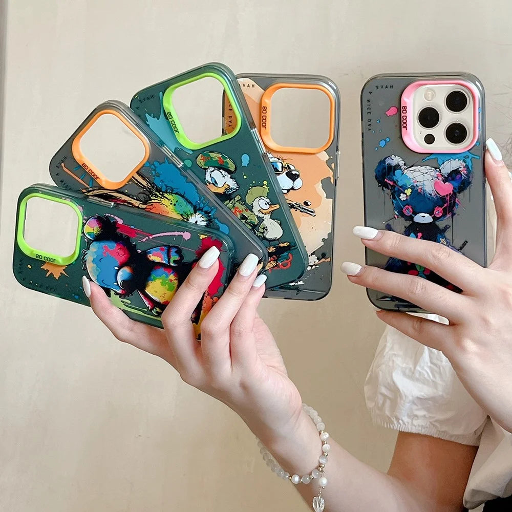 For iPhone 13 Pro Max Graffiti Animal Pattern Case PC+TPU Shock Absorbing Phone Cover - Drinking Cat - 6