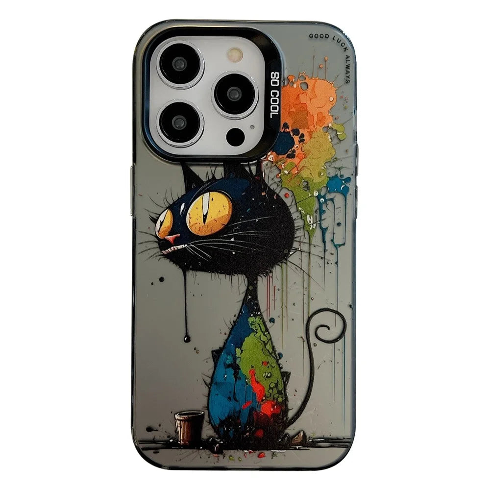For iPhone 13 Pro Animal Pattern Printing Phone Case Graffiti Art PC+TPU Shockproof Cover - Black Cat - 1