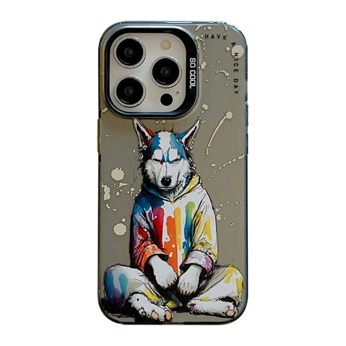 For iPhone 14 Pro Max Graffiti Phone Case Animal Pattern Printing PC+TPU Anti-Scratch Cover - Sweater Dog - 1
