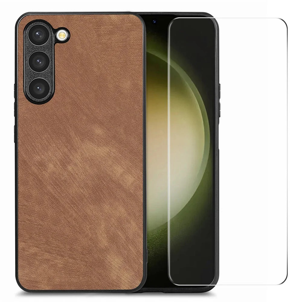 ENKAY HAT PRINCE For Samsung Galaxy S23+ Retro Leather Coated PC Phone Case with 0.18mm High Aluminium-silicon Glass Film - Brown - 1