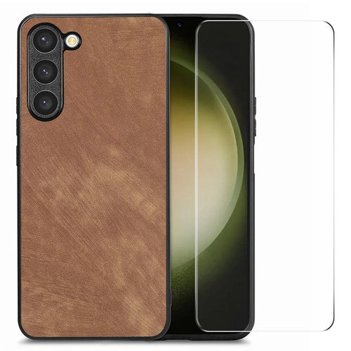 ENKAY HAT PRINCE For Samsung Galaxy S23+ Retro Leather Coated PC Phone Case with 0.18mm High Aluminium-silicon Glass Film - Brown - 1