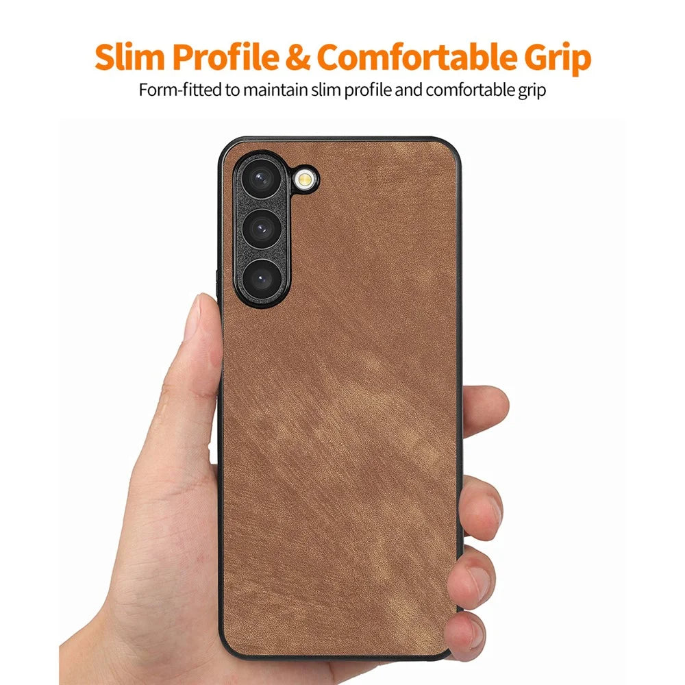 ENKAY HAT PRINCE For Samsung Galaxy S23+ Retro Leather Coated PC Phone Case with 0.18mm High Aluminium-silicon Glass Film - Brown - 3