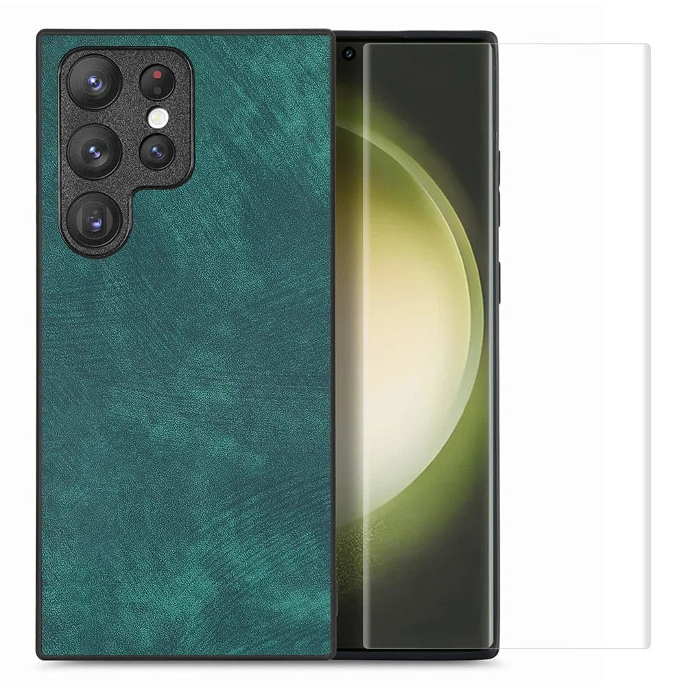 ENKAY HAT PRINCE For Samsung Galaxy S23 Ultra Retro Leather Coated PC Phone Case with 3D Curved PET HD Screen Film - Green - 1