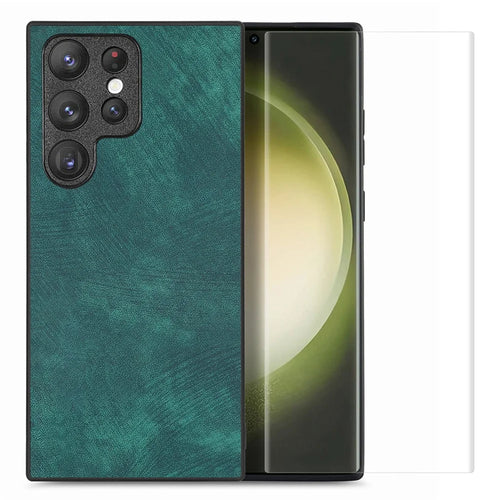 ENKAY HAT PRINCE For Samsung Galaxy S23 Ultra Retro Leather Coated PC Phone Case with 3D Curved PET HD Screen Film - Green - 1