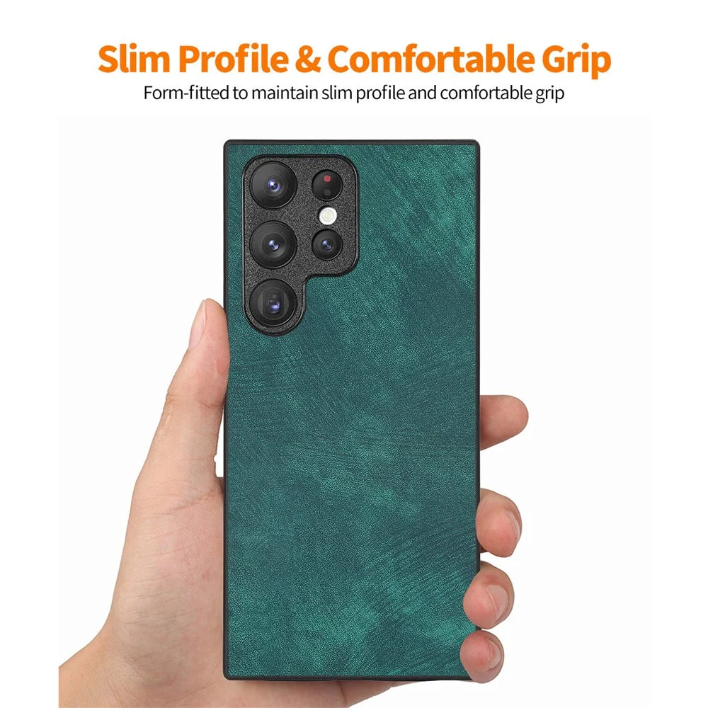 ENKAY HAT PRINCE For Samsung Galaxy S23 Ultra Retro Leather Coated PC Phone Case with 3D Curved PET HD Screen Film - Green - 3