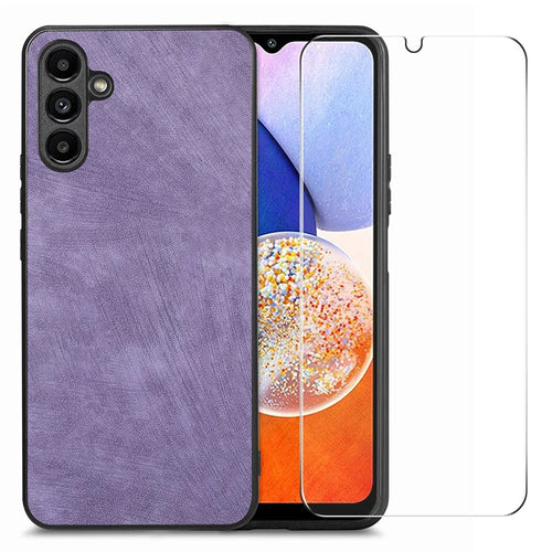 ENKAY HAT PRINCE For Samsung Galaxy A14 5G / 4G PU Leather Coated PC Retro Phone Case with High Aluminium-silicon Glass Film - Purple - 1