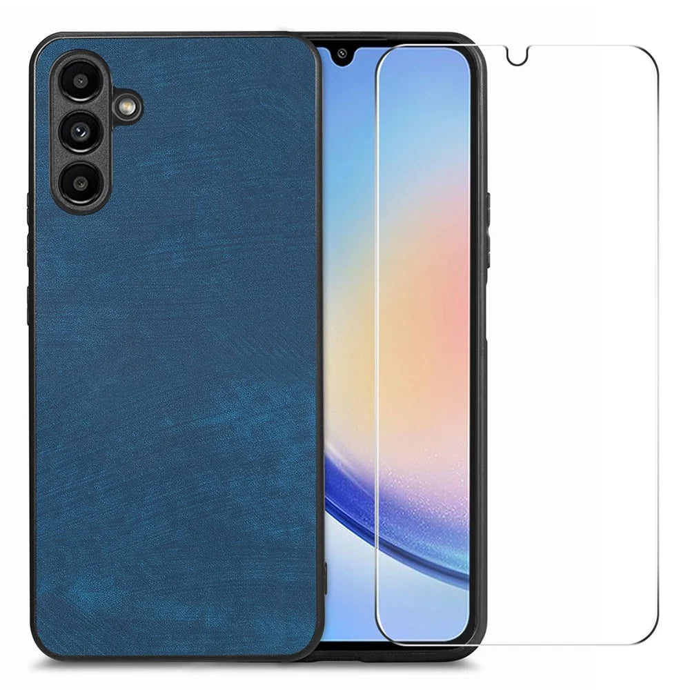 ENKAY HAT PRINCE For Samsung Galaxy A34 5G Phone Case Retro Leather+PC Cover with High Aluminium-silicon Glass Film - Blue - 1