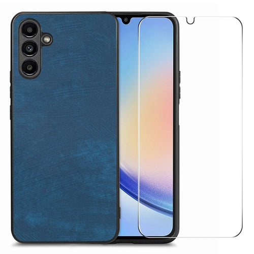 ENKAY HAT PRINCE For Samsung Galaxy A34 5G Phone Case Retro Leather+PC Cover with High Aluminium-silicon Glass Film - Blue - 1