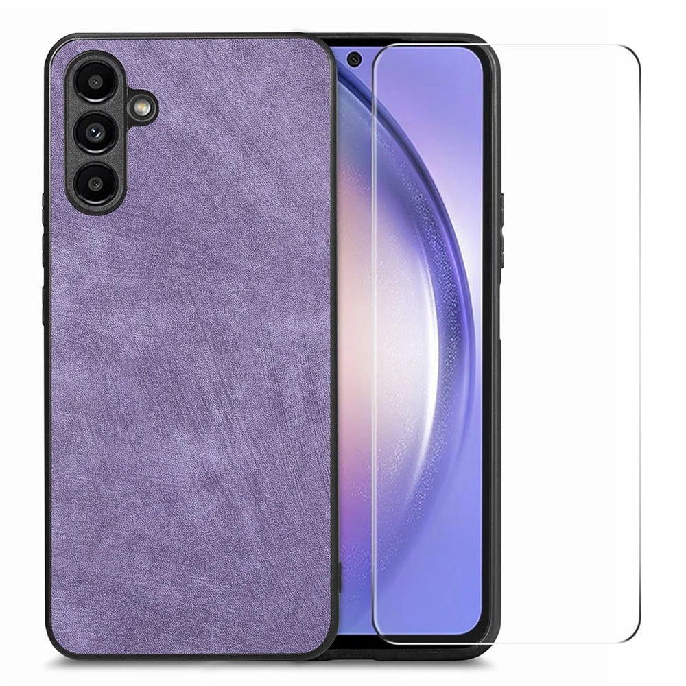 ENKAY HAT PRINCE For Samsung Galaxy A54 5G Retro PU Leather+PC Phone Case with High Aluminium-silicon Glass Film - Purple - 1