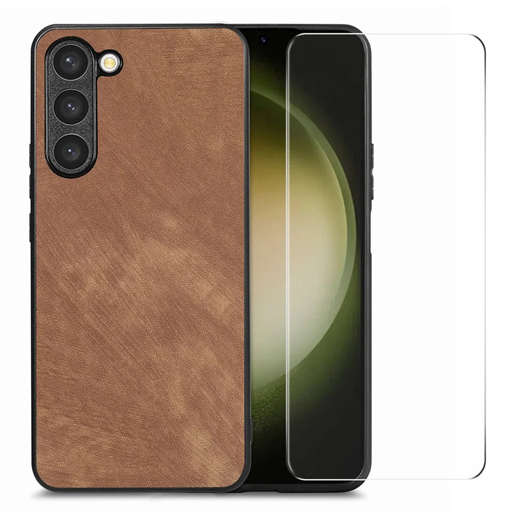 ENKAY HAT PRINCE For Samsung Galaxy S23 Retro Phone Case Leather Coated PC Cover with 0.18mm High Aluminium-silicon Glass Film - Brown - 1