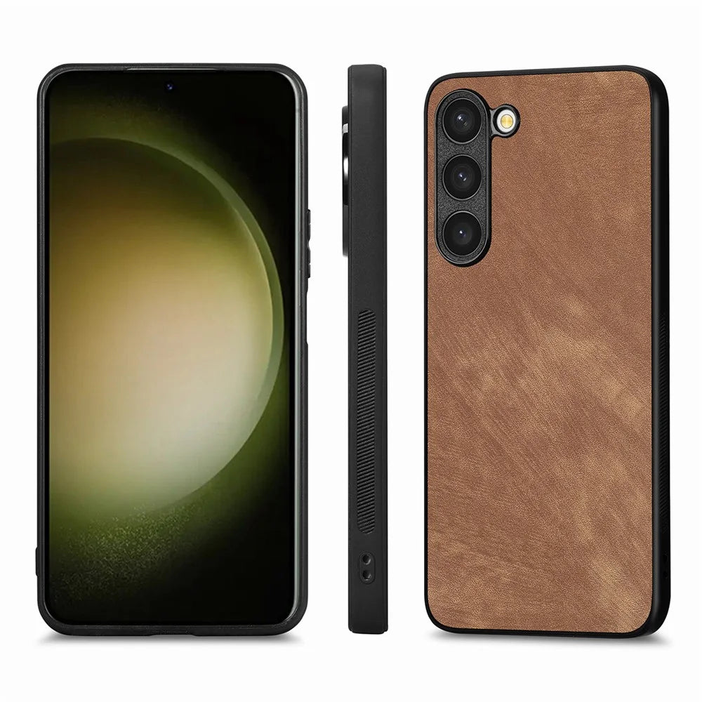 ENKAY HAT PRINCE For Samsung Galaxy S23 Retro Phone Case Leather Coated PC Cover with 0.18mm High Aluminium-silicon Glass Film - Brown - 2