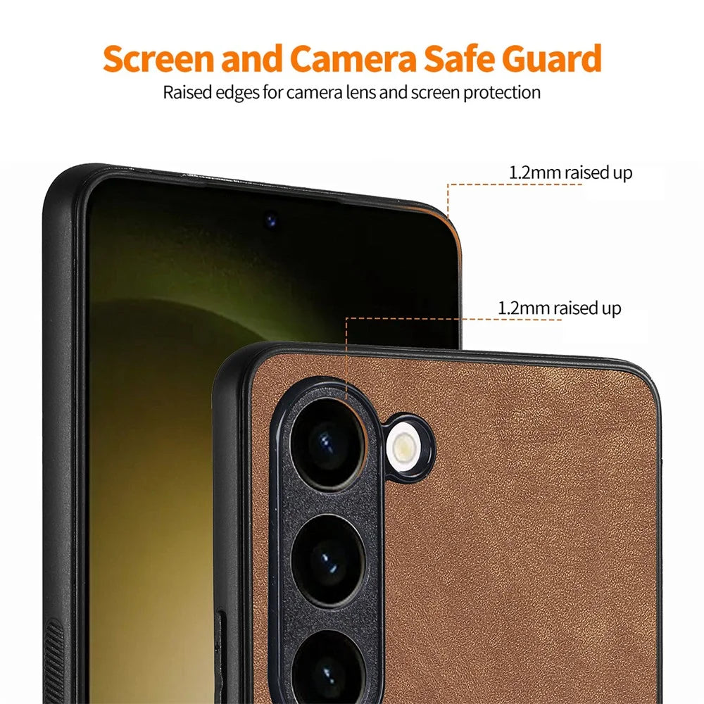 ENKAY HAT PRINCE For Samsung Galaxy S23 Retro Phone Case Leather Coated PC Cover with 0.18mm High Aluminium-silicon Glass Film - Brown - 4