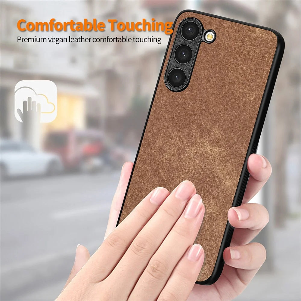 ENKAY HAT PRINCE For Samsung Galaxy S23 Retro Phone Case Leather Coated PC Cover with 0.18mm High Aluminium-silicon Glass Film - Brown - 5