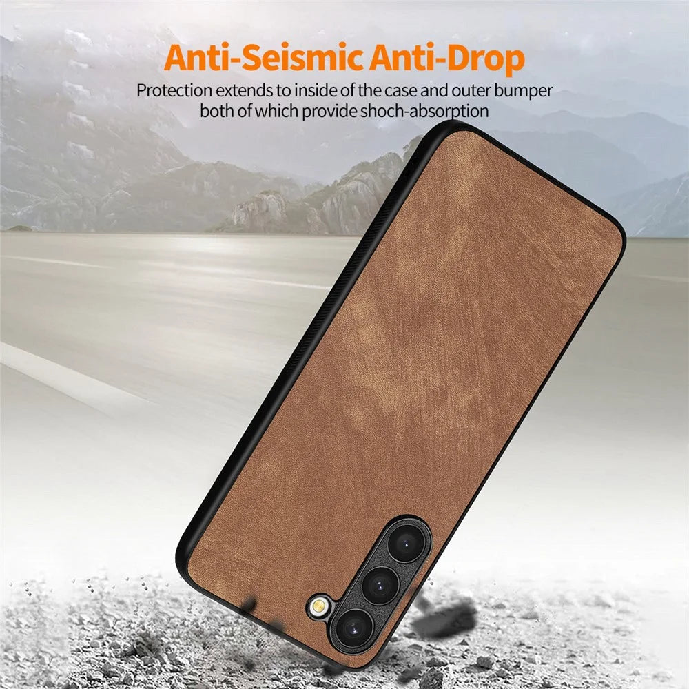 ENKAY HAT PRINCE For Samsung Galaxy S23 Retro Phone Case Leather Coated PC Cover with 0.18mm High Aluminium-silicon Glass Film - Brown - 6