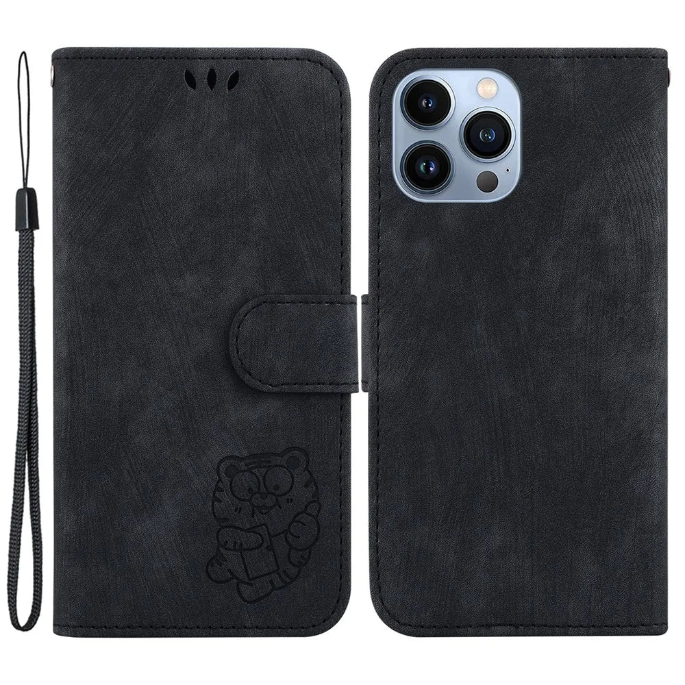 For iPhone 15 Pro Max Cute Tiger Pattern Imprinted PU Leather Wallet Stand Protective Phone Case - Black - 1