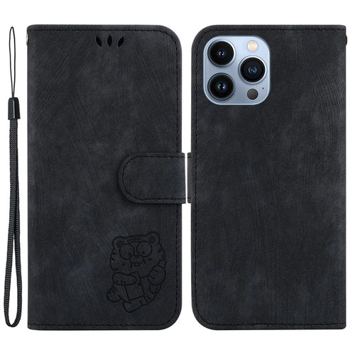 For iPhone 15 Pro Max Cute Tiger Pattern Imprinted PU Leather Wallet Stand Protective Phone Case - Black - 1