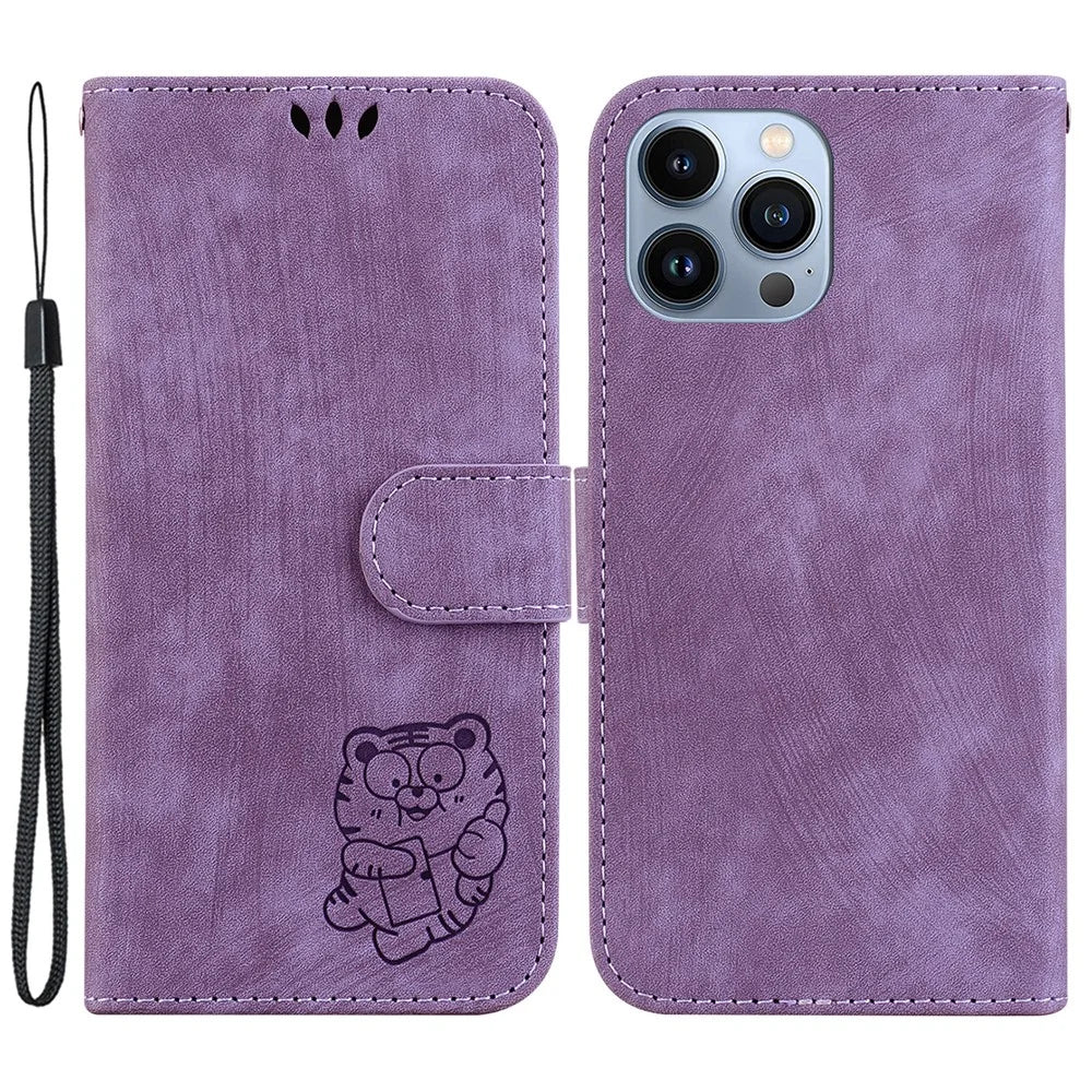 For iPhone 15 Pro Cute Tiger Pattern Imprinted PU Leather Anti-drop Cover Wallet Stand Phone Case - Purple - 1
