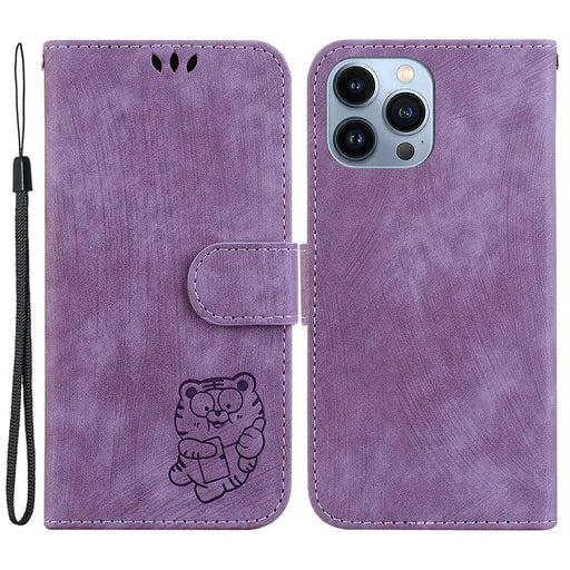 For iPhone 15 Pro Cute Tiger Pattern Imprinted PU Leather Anti-drop Cover Wallet Stand Phone Case - Purple - 1