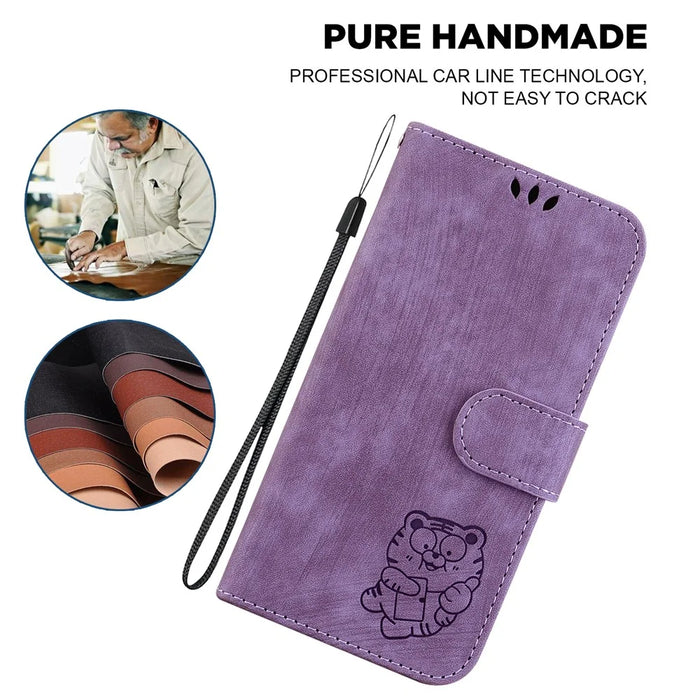 For iPhone 15 Pro Cute Tiger Pattern Imprinted PU Leather Anti-drop Cover Wallet Stand Phone Case - Purple - 4
