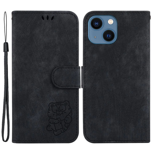 For iPhone 15 Cute Tiger Pattern Imprinted Fully Wrapped PU Leather Cover Wallet Stand Phone Case - Black - 1