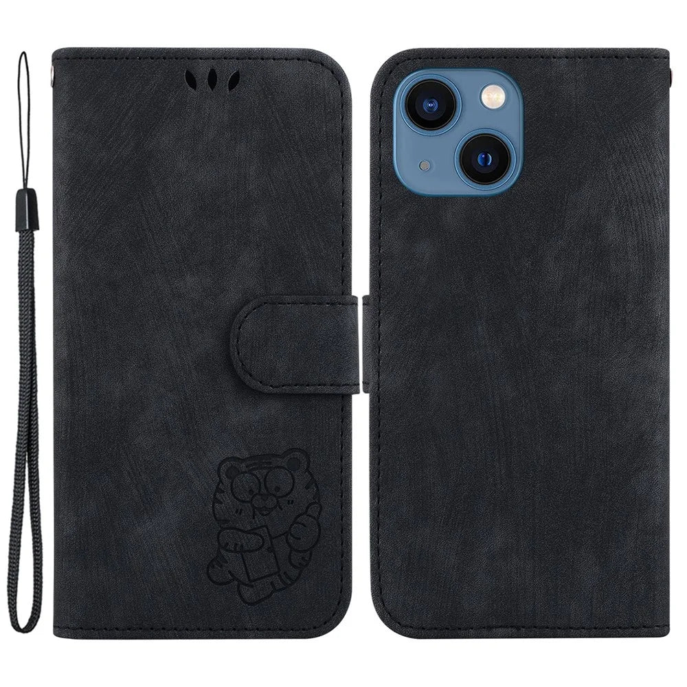 For iPhone 15 Cute Tiger Pattern Imprinted Fully Wrapped PU Leather Cover Wallet Stand Phone Case - Black - 1