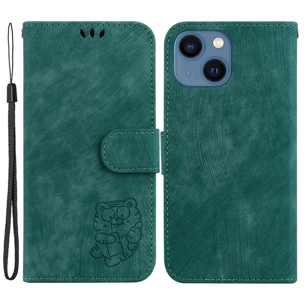For iPhone 15 Plus Cute Tiger Pattern Imprinted PU Leather Cover Wallet Stand Well-protected Phone Case - Green - 1