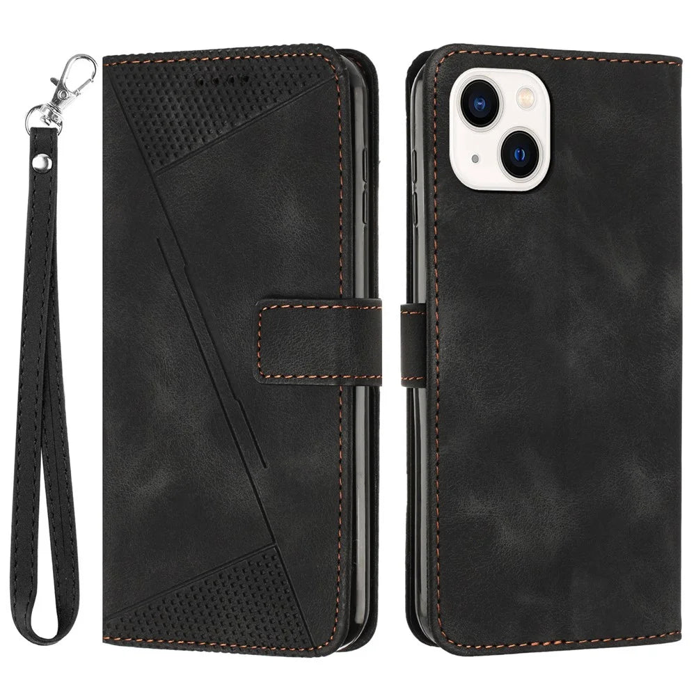 For iPhone 15 Plus Imprinted Triangle Pattern PU Leather Phone Case Stand Wallet Cover with Hand Strap - Black - 1