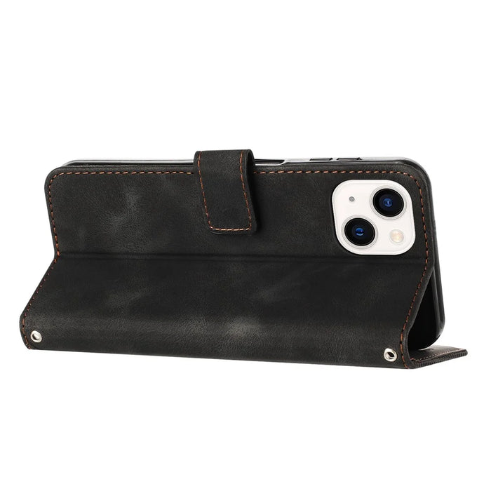 For iPhone 15 Plus Imprinted Triangle Pattern PU Leather Phone Case Stand Wallet Cover with Hand Strap - Black - 2