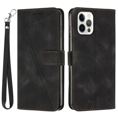 Leather Case for iPhone 15 Pro , Imprinted Triangle Pattern Stand Wallet Phone Cover with Hand Strap - Black - 1