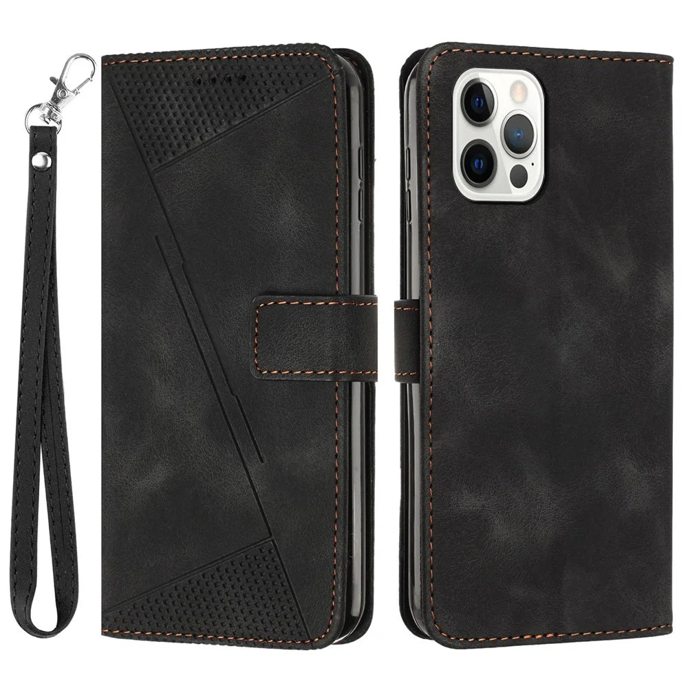 Leather Case for iPhone 15 Pro , Imprinted Triangle Pattern Stand Wallet Phone Cover with Hand Strap - Black - 1