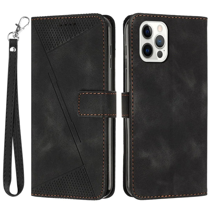 Leather Case for iPhone 15 Pro , Imprinted Triangle Pattern Stand Wallet Phone Cover with Hand Strap - Black - 1