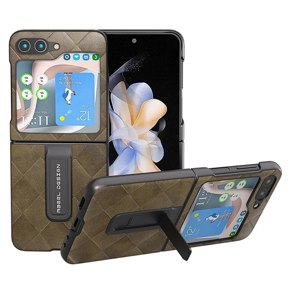 ABEEL For Samsung Galaxy Z Flip5 5G Kickstand Protective Case PU Leather Coated PC Grid Texture Phone Cover - Green - 1