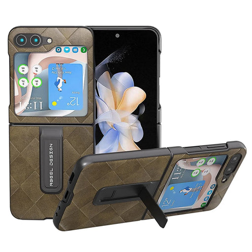 ABEEL For Samsung Galaxy Z Flip5 5G Kickstand Protective Case PU Leather Coated PC Grid Texture Phone Cover - Green - 1