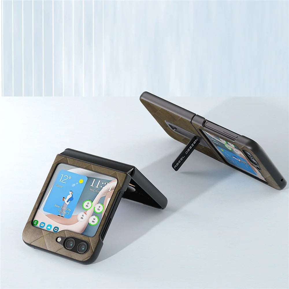 ABEEL For Samsung Galaxy Z Flip5 5G Kickstand Protective Case PU Leather Coated PC Grid Texture Phone Cover - Green - 3