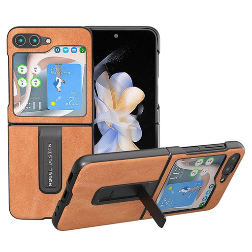 ABEEL For Samsung Galaxy Z Flip5 5G Cowhide Texture Phone Case PU Leather Coated PC Kickstand Cover - Brown - 1